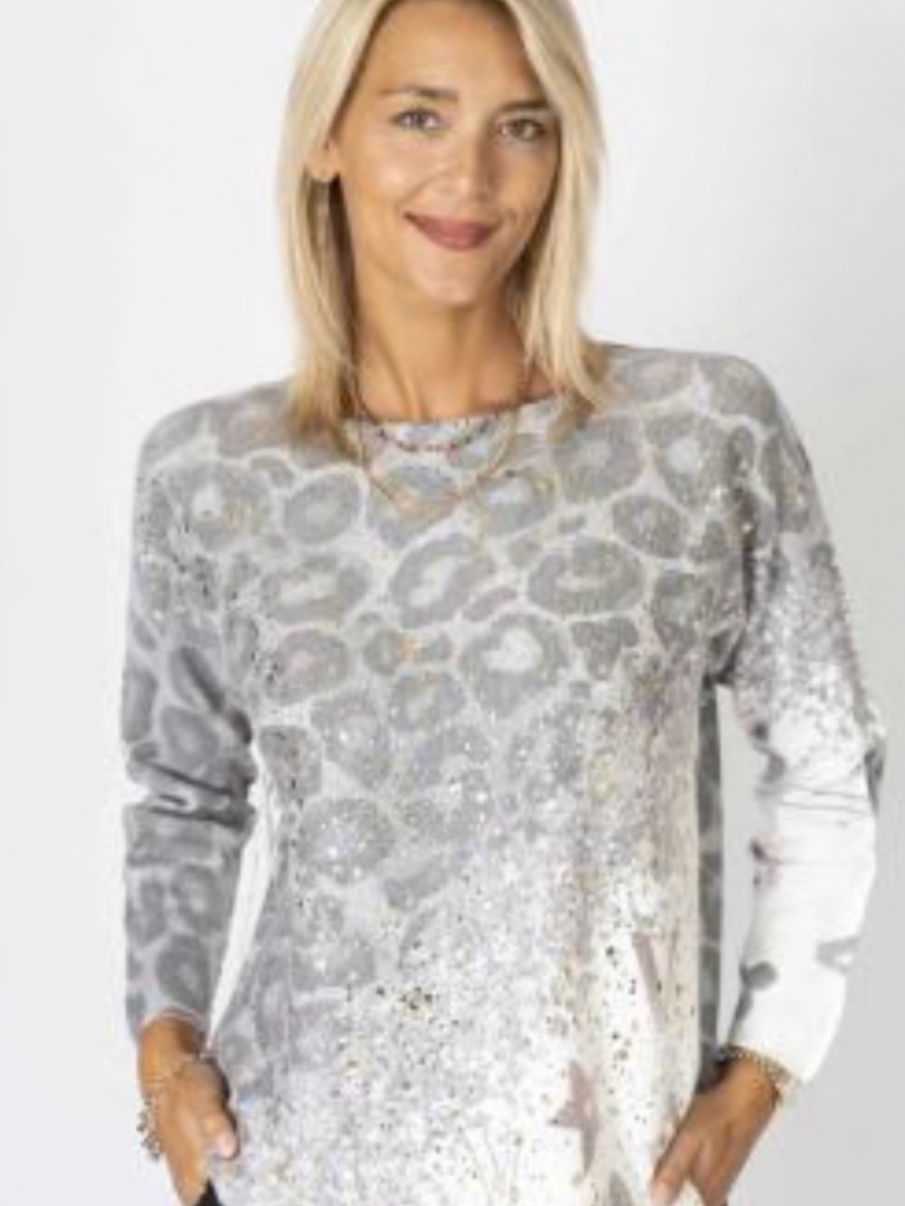 Look Mode Animal Print Gold Flecked Sweater With ‘Love V’ Statement Size Large